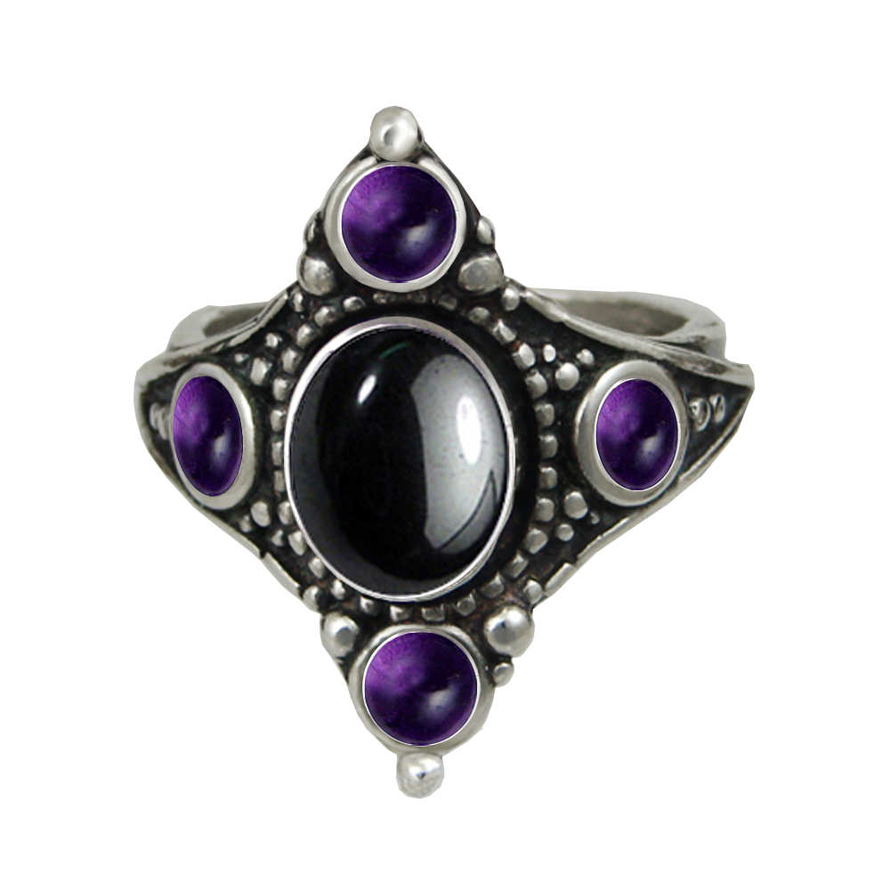Sterling Silver Renaissance Queen's Ring With Hematite And Amethyst Size 9